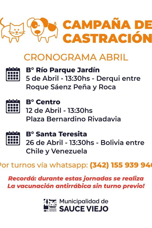 PRÓXIMAS CASTRACIONES DEL MES DE ABRIL