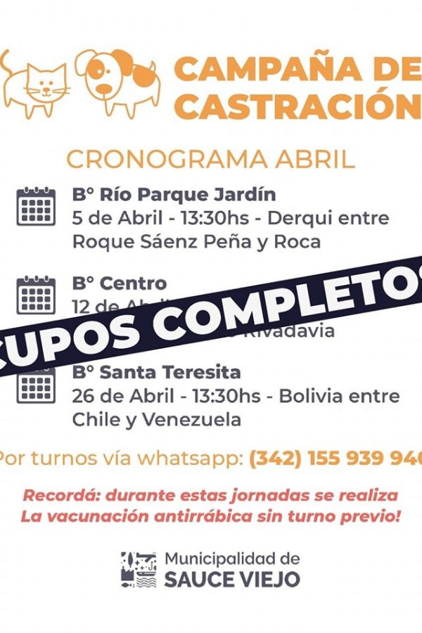 Cupos completos para las jornadas de castraciones de abril