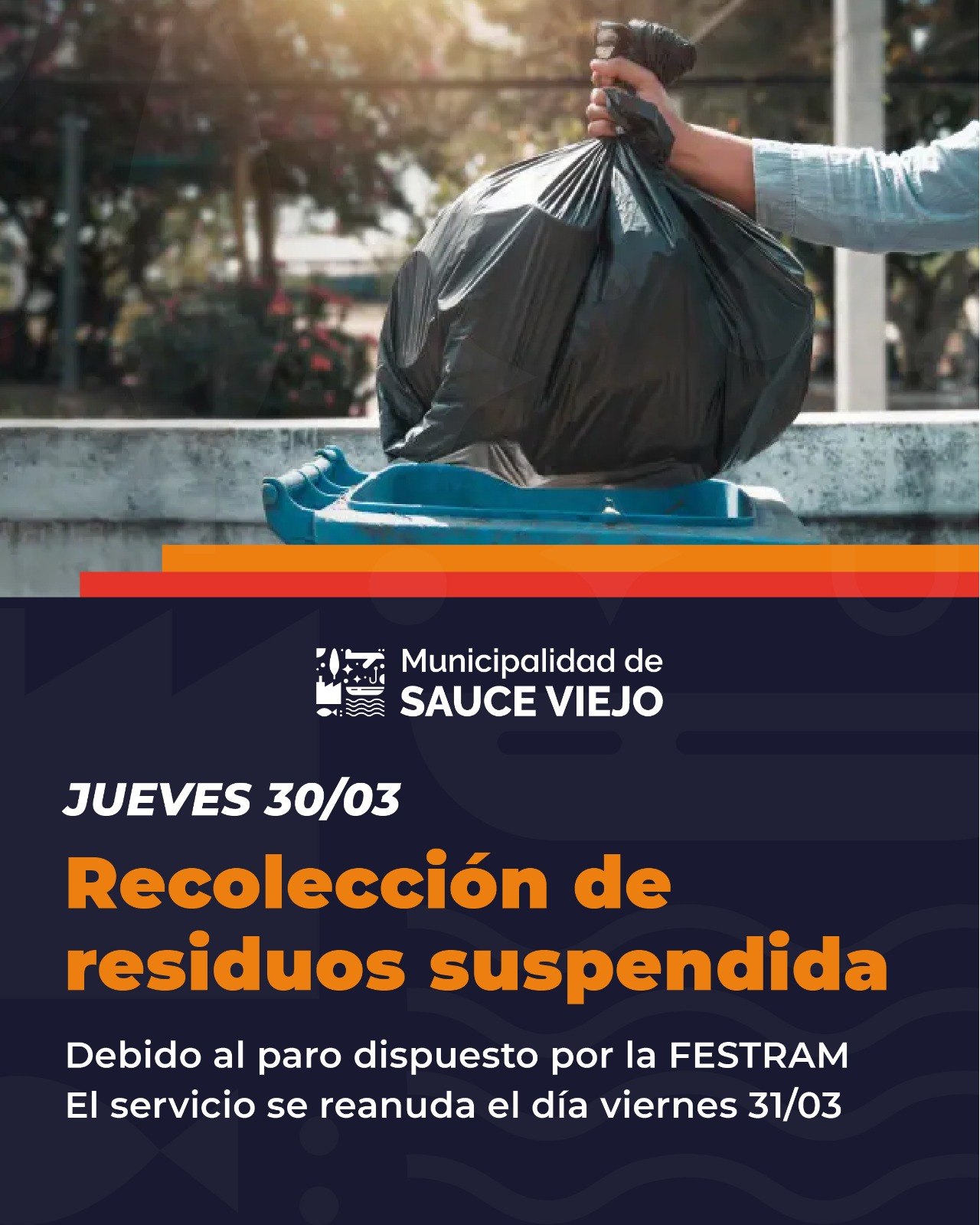 El jueves 30/03 no habrá recolección de residuos domiciliarios