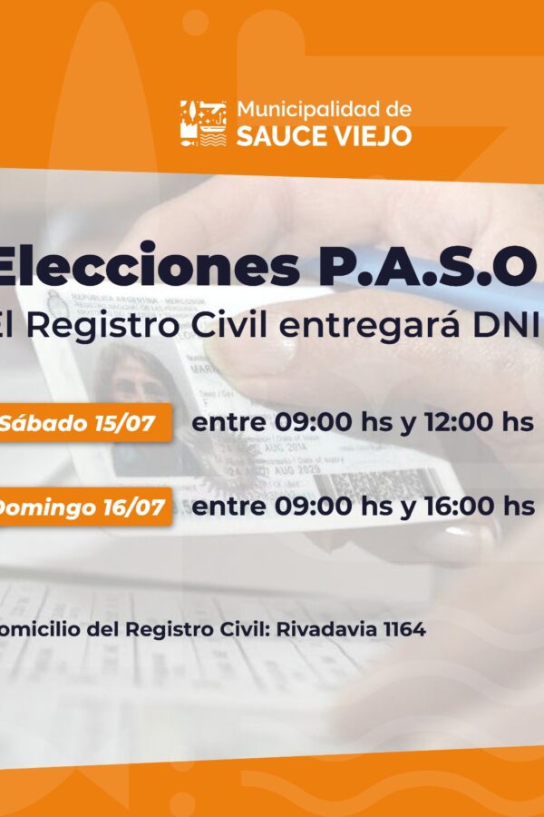 EL REGISTRO CIVIL DE SAUCE VIEJO ATIENDE ESTE FIN DE SEMANA PARA ENTREGA DE DNI