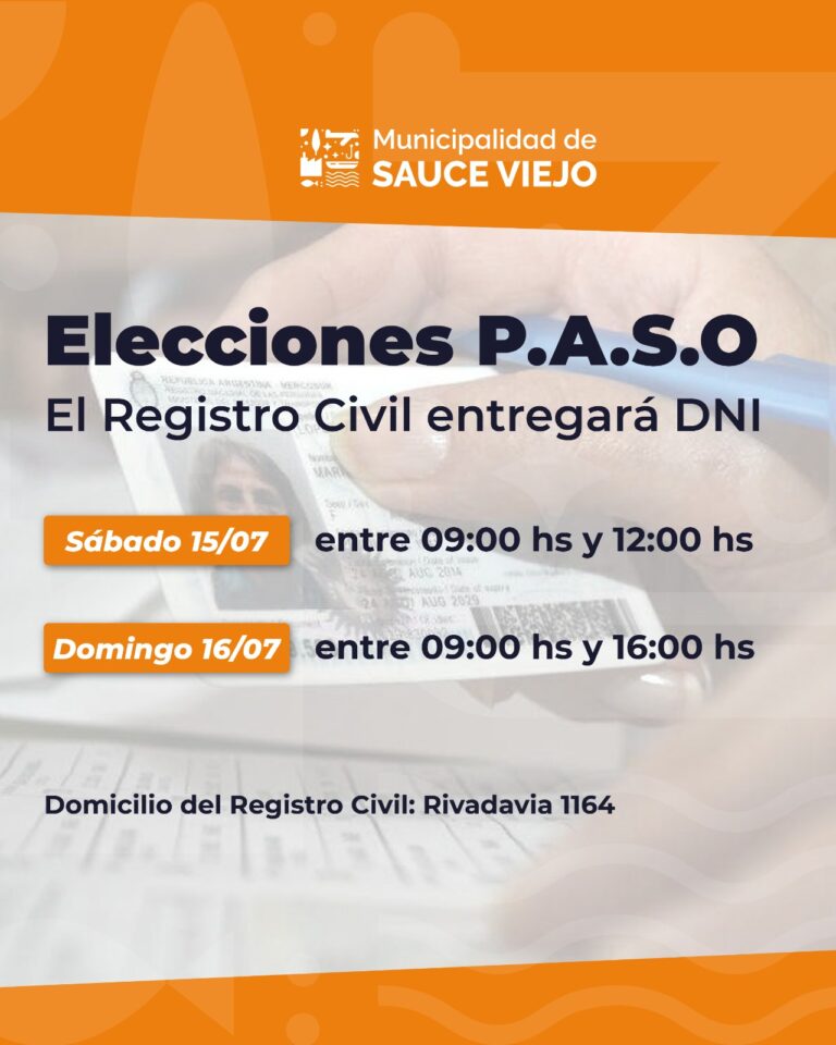 EL REGISTRO CIVIL DE SAUCE VIEJO ATIENDE ESTE FIN DE SEMANA PARA ENTREGA DE DNI