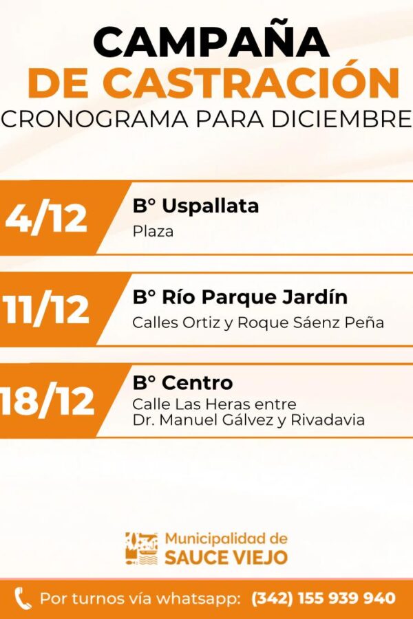 «CAMPAÑA DE CASTRACIÓN»: CRONOGRAMA PARA DICIEMBRE