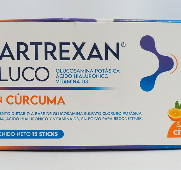 Suplemento dietario a base de glucosamina sulfato cloruro potásica, cúrcuma, ácido hialurónico y vitamina D3, en polvo para reconstituir marca Cartrexan Gluco