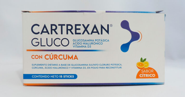 Suplemento dietario a base de glucosamina sulfato cloruro potásica, cúrcuma, ácido hialurónico y vitamina D3, en polvo para reconstituir marca Cartrexan Gluco